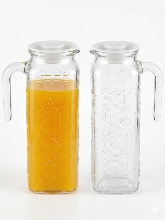 Glass Water Jug with Lid, 1.2L Clear Pitcher with Design and Handle, 2 Pack, Vented Spout for Fridge Storage