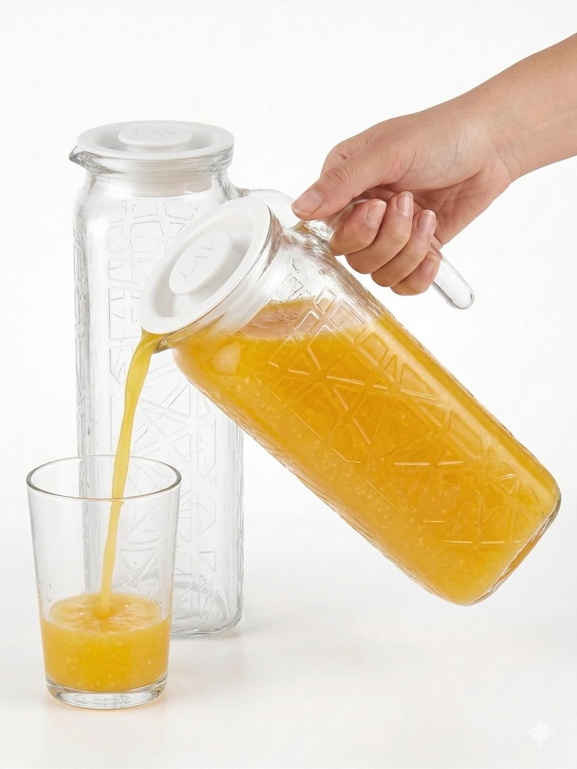 Glass Water Jug with Lid, 1.2L Clear Pitcher with Design and Handle, 2 Pack, Vented Spout for Fridge Storage