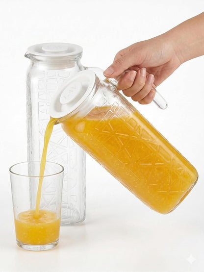 Glass Water Jug with Lid, 1.2L Clear Pitcher with Design and Handle, 2 Pack, Vented Spout for Fridge Storage