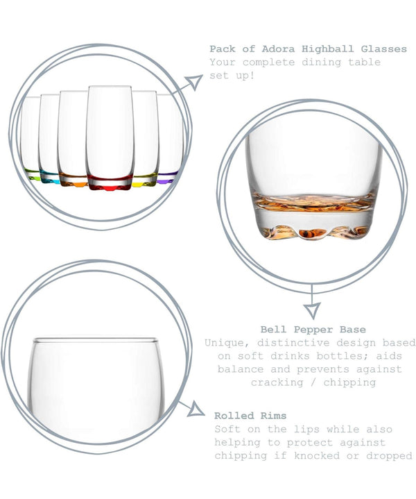 6x Multicolour 390ml Adora Highball Glasses - Tall Hi Ball Glass Water Gin Juice Cocktail Drinking Glassware Tumblers Set - By LAV