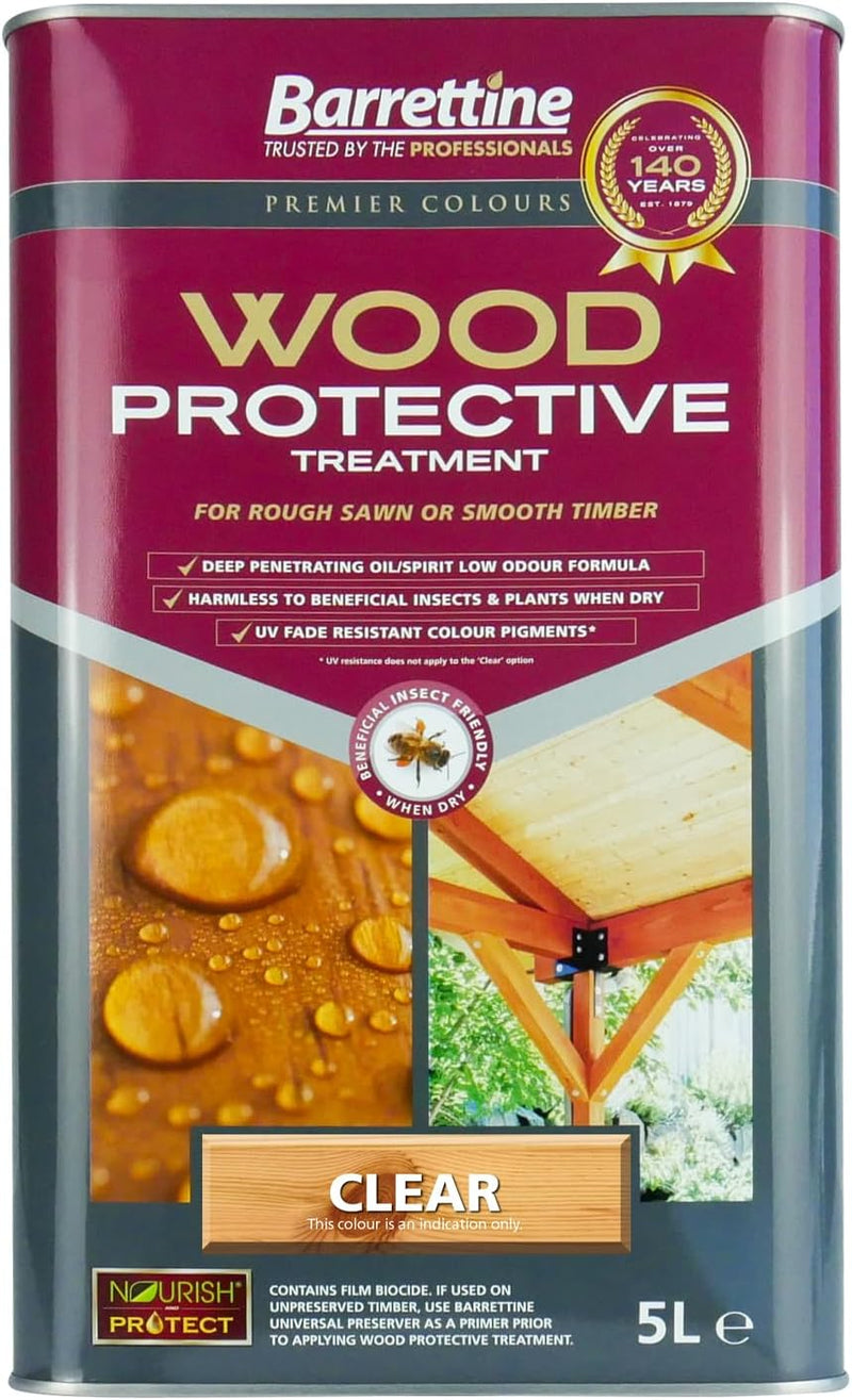 Barrettine Wood Protective Treatment (Clear, 5L) - Ideal Treatment for Outdoor Treated Timber Structures. Wood Protector Oil with Water Repellent Qualities. Harmless Sealer.