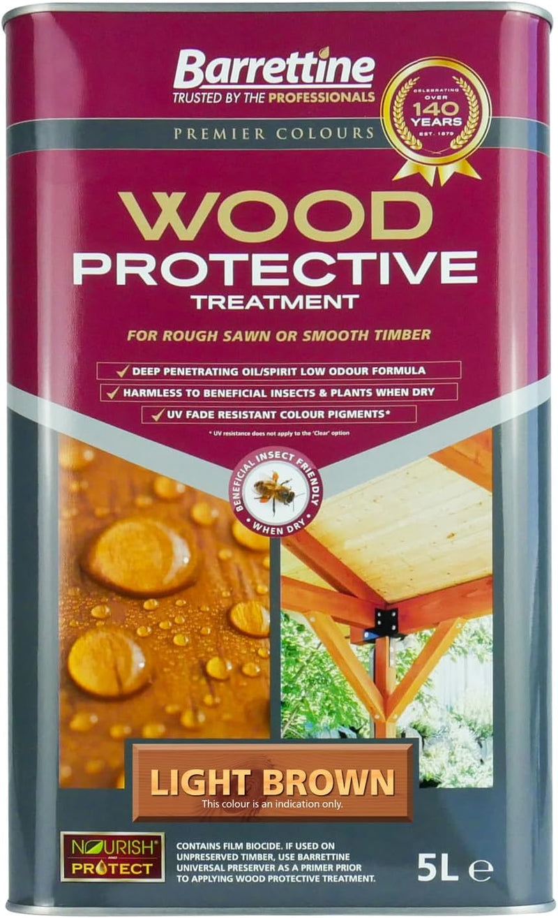 Barrettine Wood Protective Treatment (Light Brown, 5L) - Ideal Treatment for Outdoor Treated Timber Structures. Wood Protector Oil with Water Repellent Qualities. Harmless Sealer.