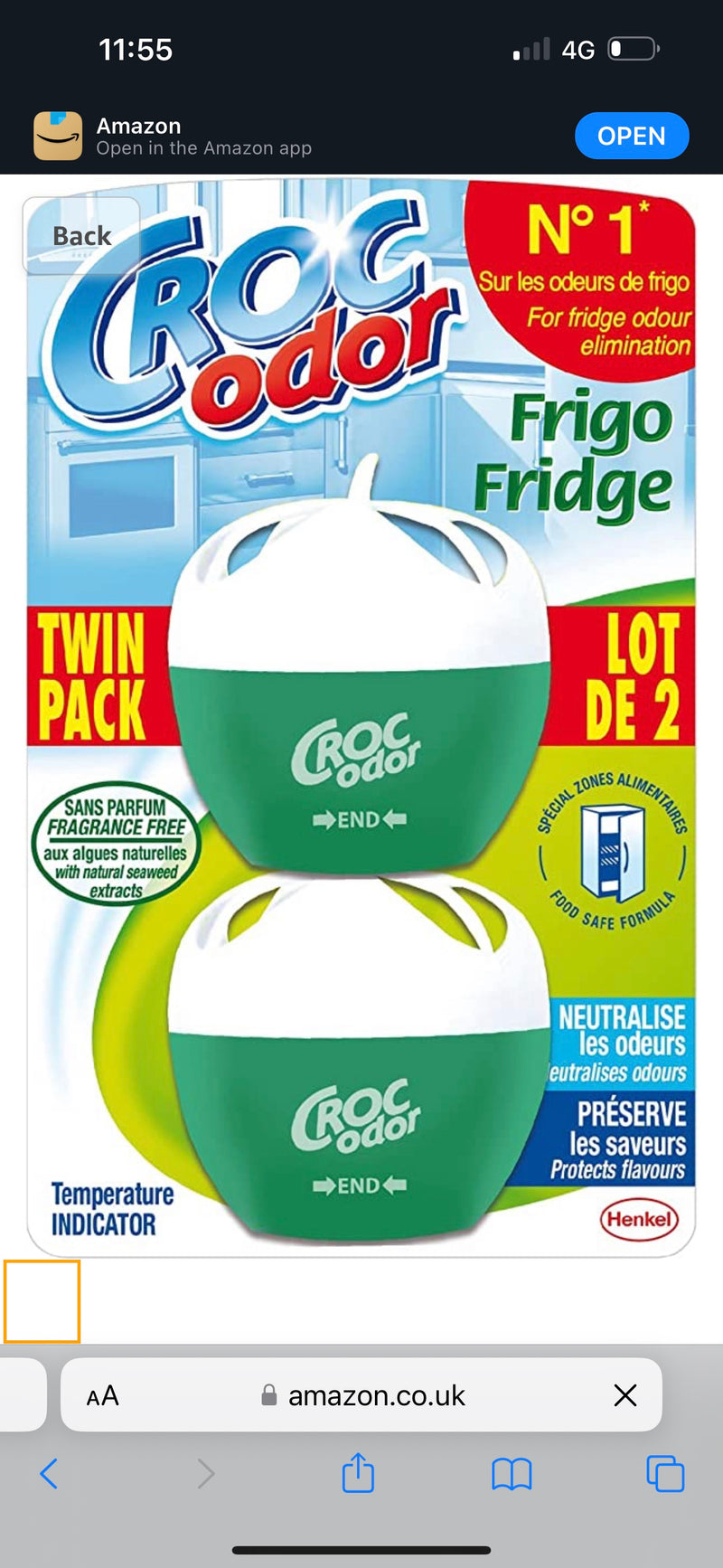 Croc'Odor Fridge Deodoriser, Twin Pack, Unscented, Food Safe Formular with Temperature Indicator - 2 x 33 g