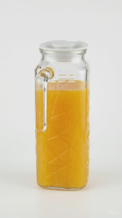 Glass Water Jug with Lid, 1.2L Clear Pitcher with Design and Handle, 2 Pack, Vented Spout for Fridge Storage