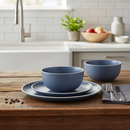12-teiliges blaues Steingut-Essgeschirr