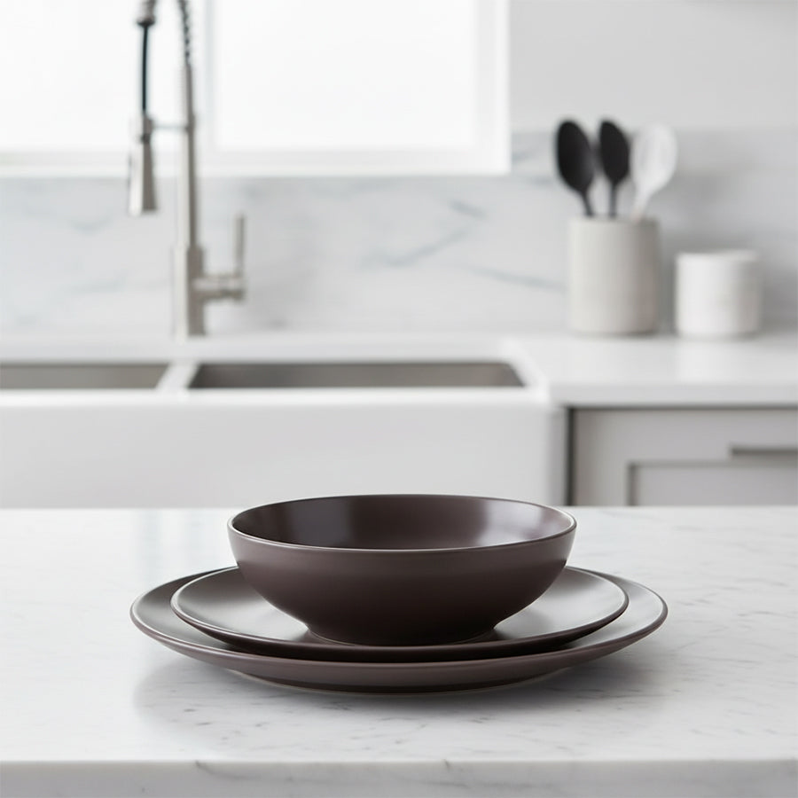 12 Piece Brown Stoneware Dinner Set