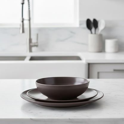 12 Piece Brown Stoneware Dinner Set