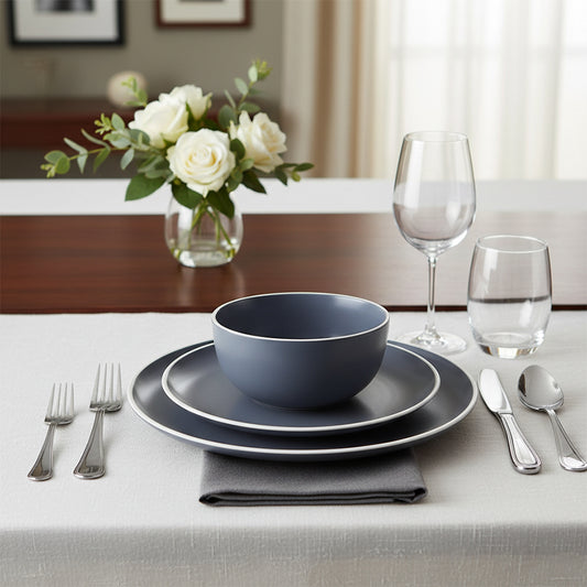 12 Piece Grey Dinner Set With White Rim