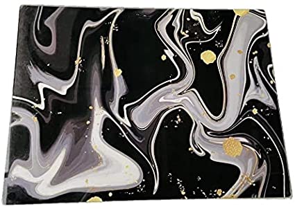 Acense Arbeitsplattenschutz aus gehärtetem Glas, Sicherheitsglas, glatte Kanten, abgerundete Ecken, Größe: 40 cm x 30 cm, Stil: Black Flow, Schneidebrett, rutschfeste Gummifüße, vielseitig einsetzbar 