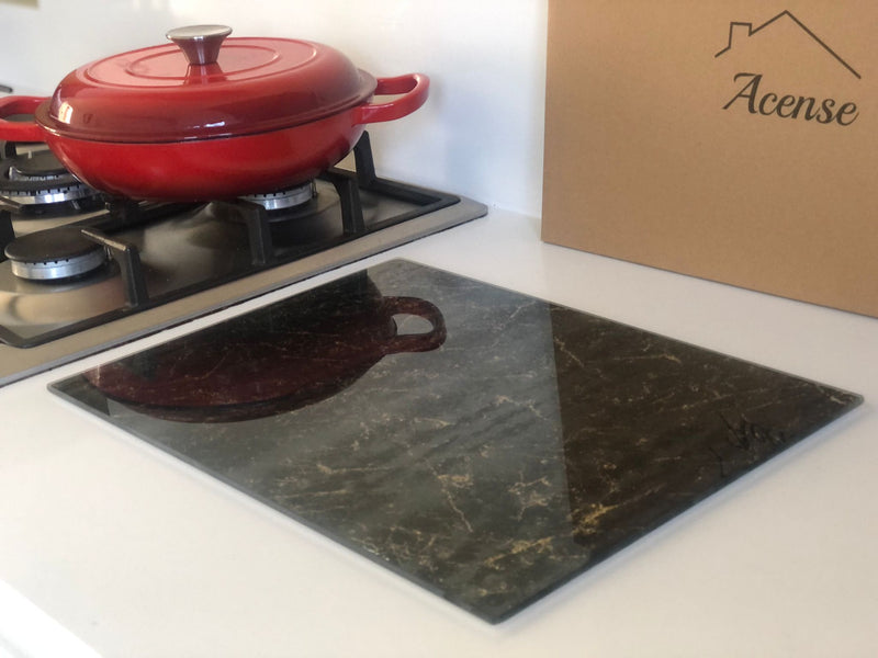 Acense Tempered Glass Worktop Saver, Toughened Glass, Smooth Edges, Rounded Corners, Size:40cmx30 cm, Style: Black & Gold, Chopping Board, Non-Slip Rubber Feet, Multi-Purpose