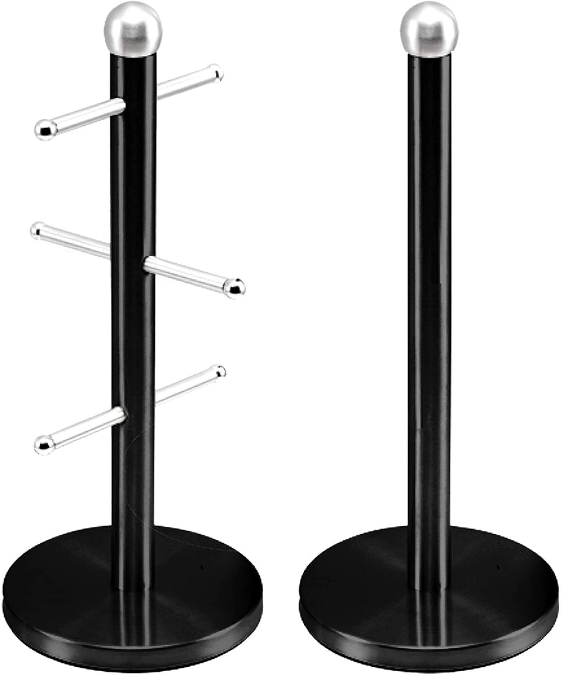 Acense Mug Tree & Roll Holder Stand Set (Black)