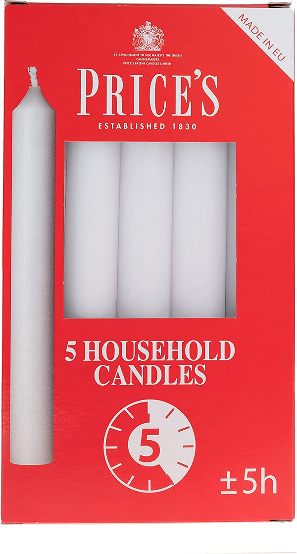 Price's - Household Candles - Pack of 5 - Unscented - 5 Hour Burn Time - Premium White Wax