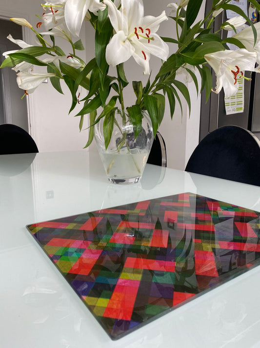 Acense Arbeitsplattenschutz aus gehärtetem Glas, Sicherheitsglas, glatte Kanten, abgerundete Ecken, Größe: 40 cm x 30 cm, Stil: Mehrfarbig, Schneidebrett, rutschfeste Gummifüße, vielseitig einsetzbar 