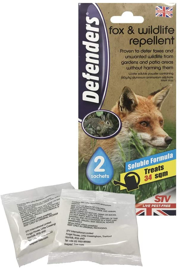 Defenders Fox and Wildlife Repellent (Humane Fox, Rabbit and Bird Deterrent, Treats up to 50 sq m, Gardens, Flowerbeds and Patio Areas) - 2 x 50 g Sachets
