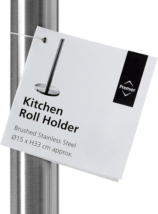 Premier Housewares 511187 Gebürsteter, eleganter Küchenrollenhalter, freistehend, vertikaler Papierhandtuchständer, Edelstahl mit Sockel, 33 x 15 x 15 cm, Silber 
