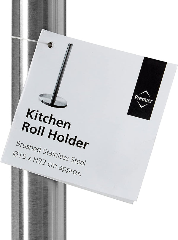 Premier Housewares 511187 Brushed Sleek Kitchen Roll Holder Free Standing Vertical Paper Towel Stand Stainless Steel With Base 33 x 15 x 15 , Silver